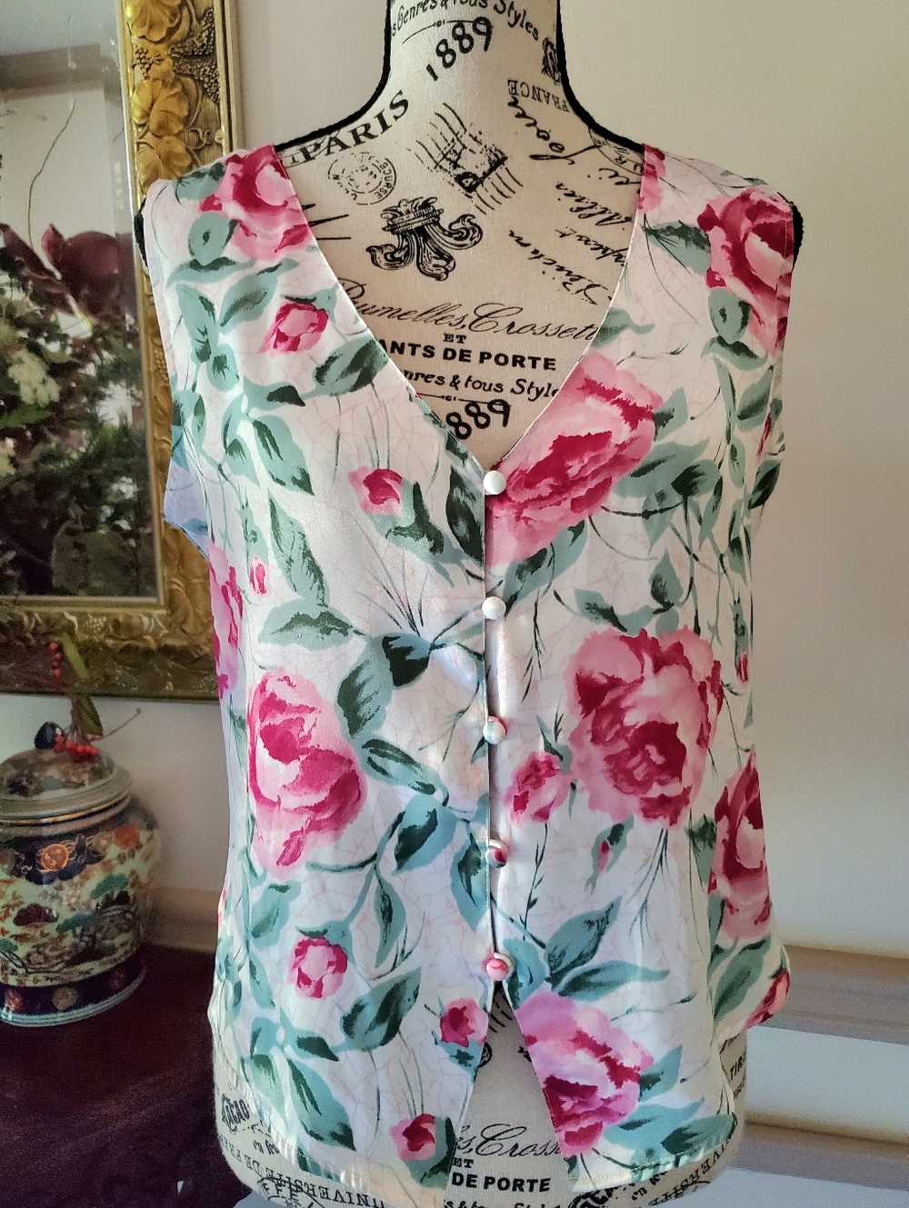Vintage Satin Lingerie Vest, White Floral